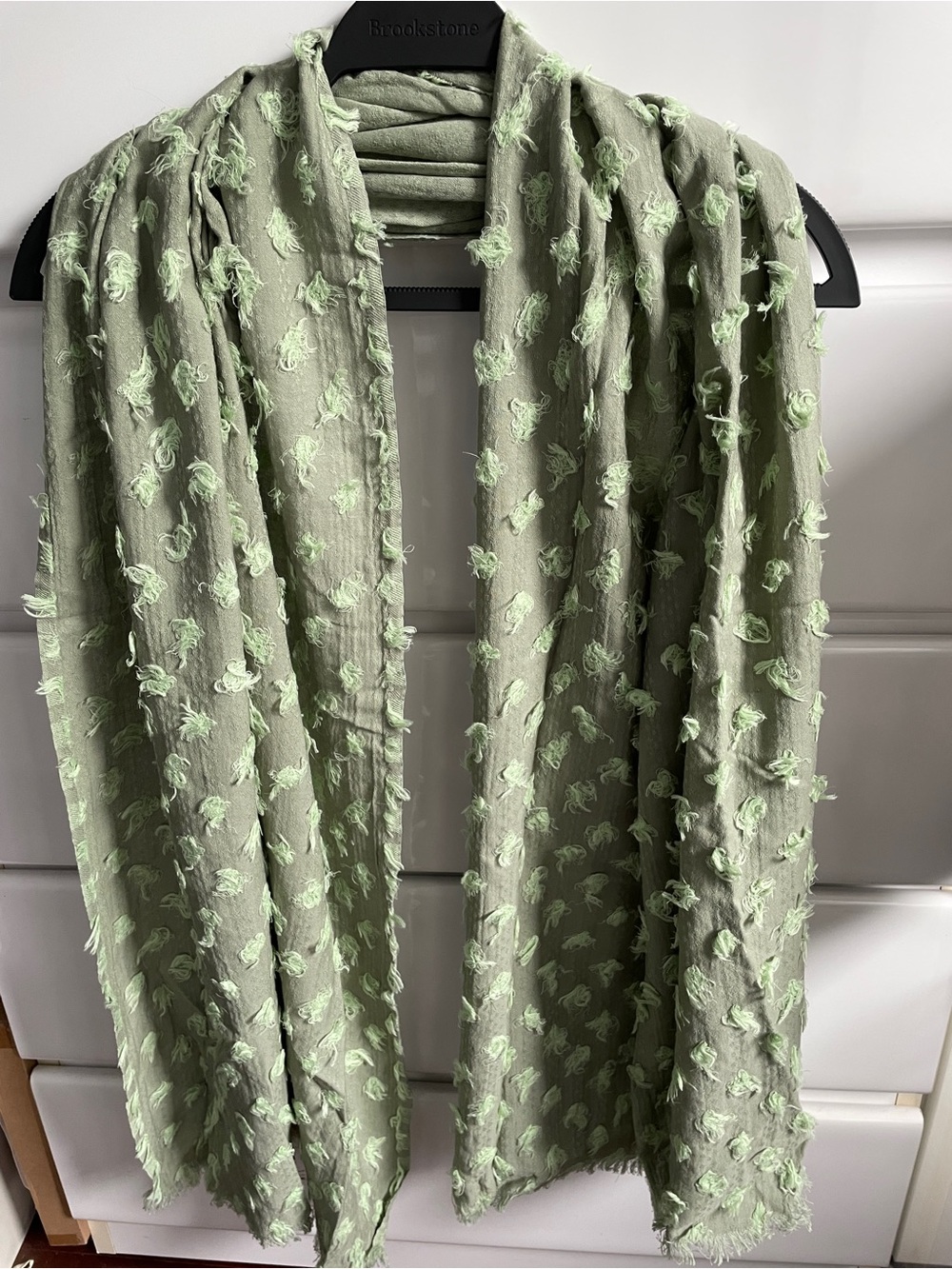 Eileen Fisher lightweight textured scarf, fringe edge, detail, light sage green